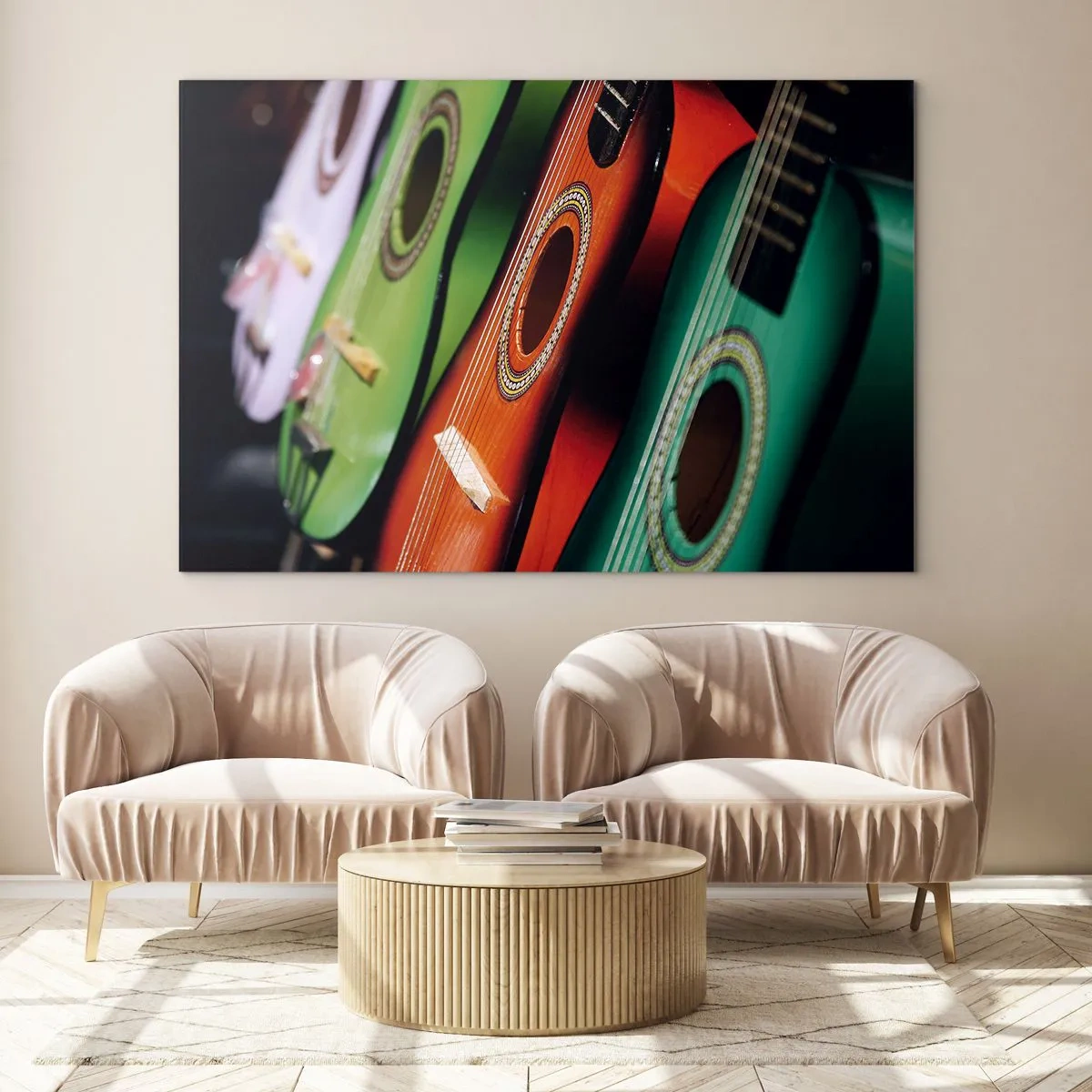 Cuadro sobre vidrio - Impresiones sobre Vidrio - Guitarras coloridas en fila - 100x70cm - La guitarra tiene muchos colores - Decoración de pared moderna para salón y dormitorio ARTTOR