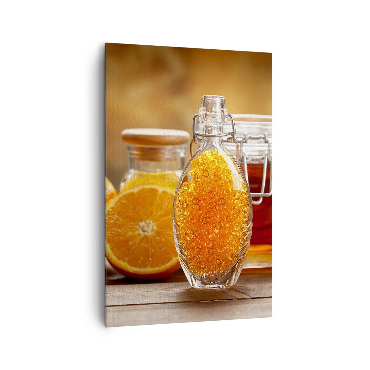 Cuadro sobre lienzo - Impresión de Imagen - Una botella de líquido ámbar y naranjas frescas. - 80x120cm - Sabores y aromas soleados - Decoración de pared moderna para salón y dormitorio ARTTOR