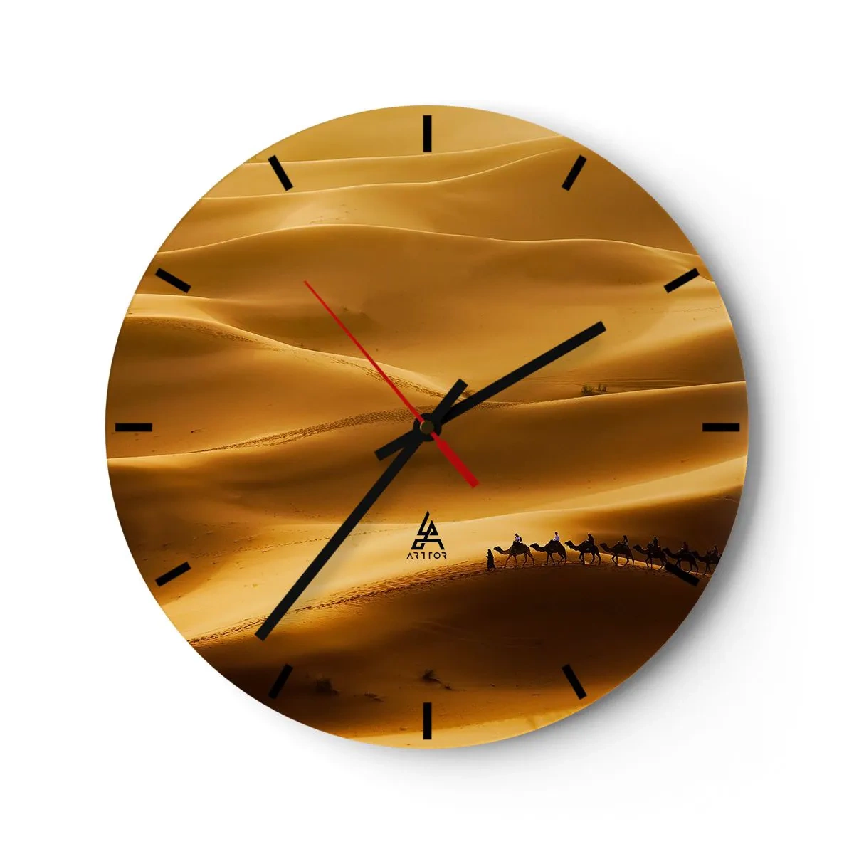 Reloj de pared - Reloj de vidrio - Una caravana en el desierto bajo una luz dorada - 30x30cm - Caravana sobre las olas del desierto - Decoración de pared moderna para salón, cocina y dormitorio ARTTOR