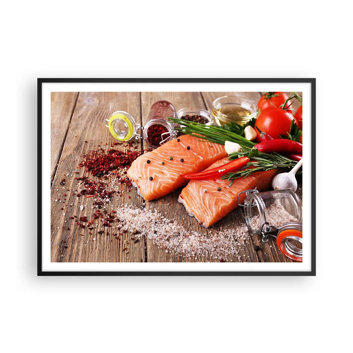 Póster en marco negro - Filetes de salmón con especias sobre fondo de madera. - 100x70cm - Una aventura noruega en la cocina - Decoración de pared moderna para salón y dormitorio ARTTOR