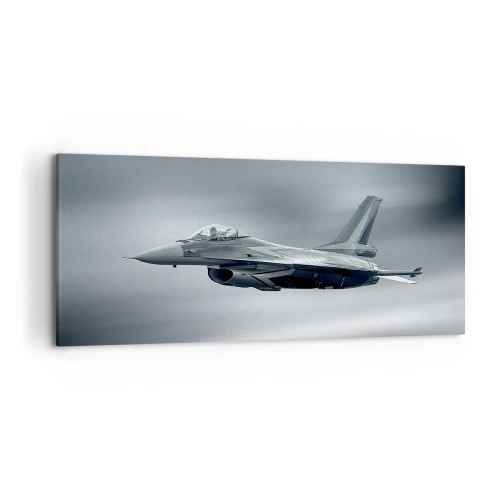 Cuadro sobre lienzo - Impresión de Imagen - Un avión de combate en vuelo contra un cielo nublado. - 120x50cm - ¿Quieres un reto? - Decoración de pared moderna para salón y dormitorio ARTTOR