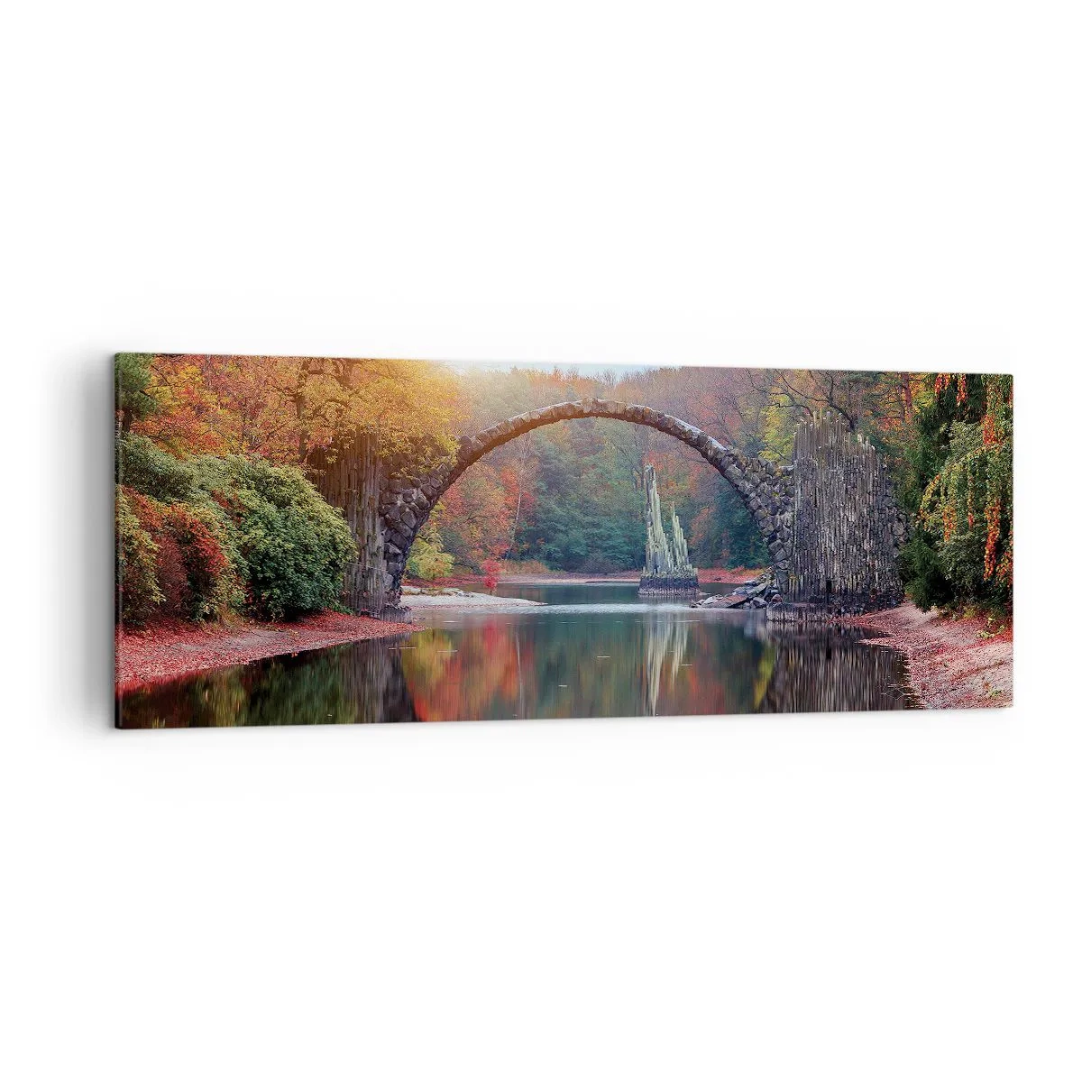 Cuadro sobre lienzo - Impresión de Imagen - Un puente de piedra en un paisaje otoñal sobre aguas tranquilas. - 140x50cm - Al otro lado del espejo - Decoración de pared moderna para salón y dormitorio ARTTOR