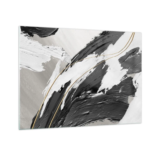 Cuadro sobre vidrio - Impresiones sobre Vidrio - Trazos dinámicos de blanco y negro con acento dorado. - 70x50cm - Abstracción con estilo - Decoración de pared moderna para salón y dormitorio ARTTOR