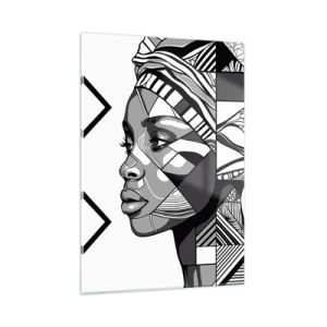 Cuadro sobre vidrio - Impresiones sobre Vidrio - Retrato étnico en blanco y negro de una mujer con patrones geométricos. - 50x70cm - Retrato étnico - Decoración de pared moderna para salón y dormitorio ARTTOR