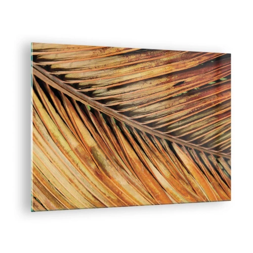 Cuadro sobre vidrio - Impresiones sobre Vidrio - Primer plano de hojas de palma secas y doradas - 70x50cm - Oro de coco - Decoración de pared moderna para salón y dormitorio ARTTOR