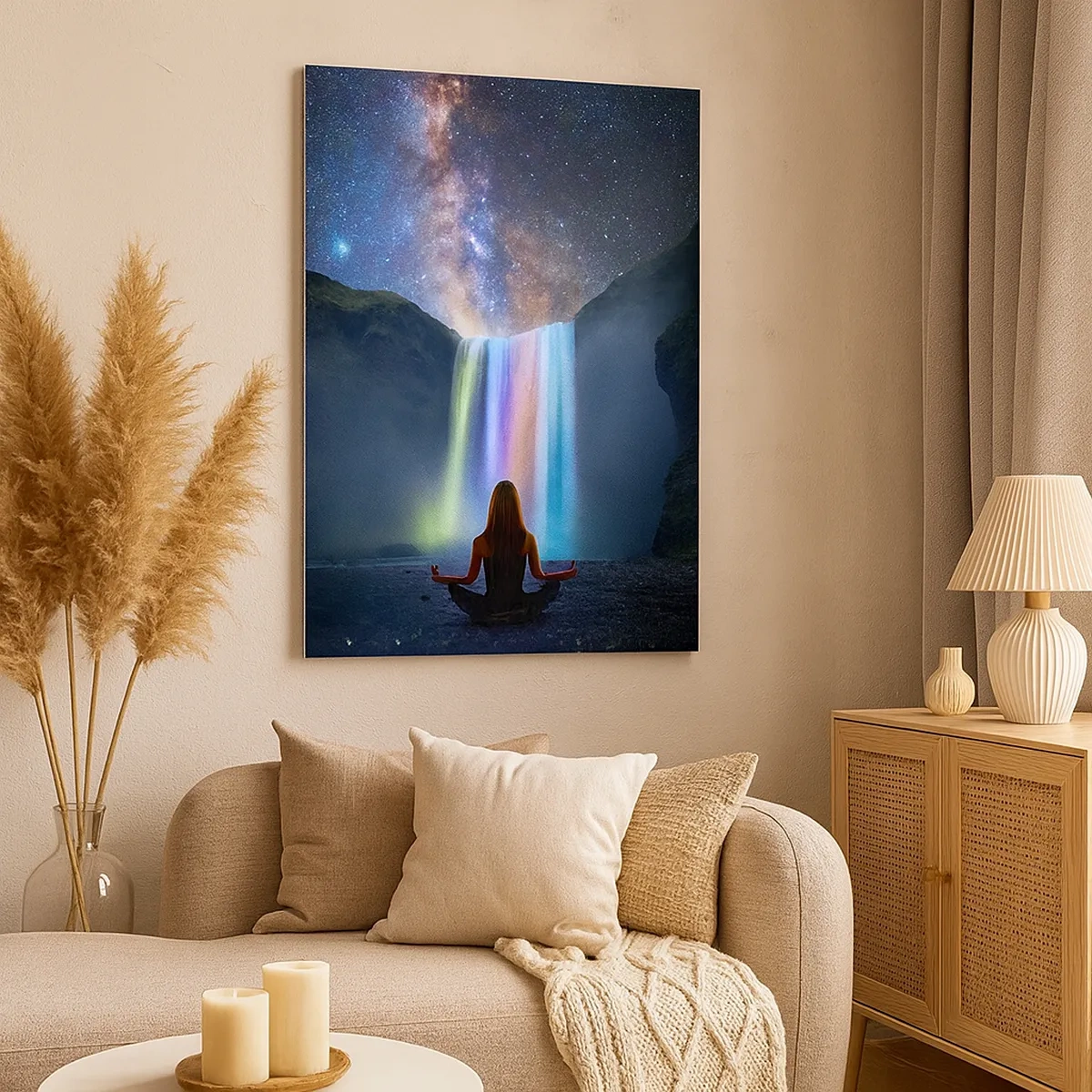Cuadro sobre lienzo - Impresión de Imagen - Meditación frente a una cascada entre las estrellas. - 50x70cm - Armonía absoluta - Decoración de pared moderna para salón y dormitorio ARTTOR