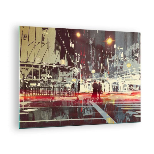 Cuadro sobre vidrio - Impresiones sobre Vidrio - Paisaje urbano nocturno con luces de neón y siluetas de transeúntes. - 70x50cm - Una travesía metropolitana - Decoración de pared moderna para salón y dormitorio ARTTOR
