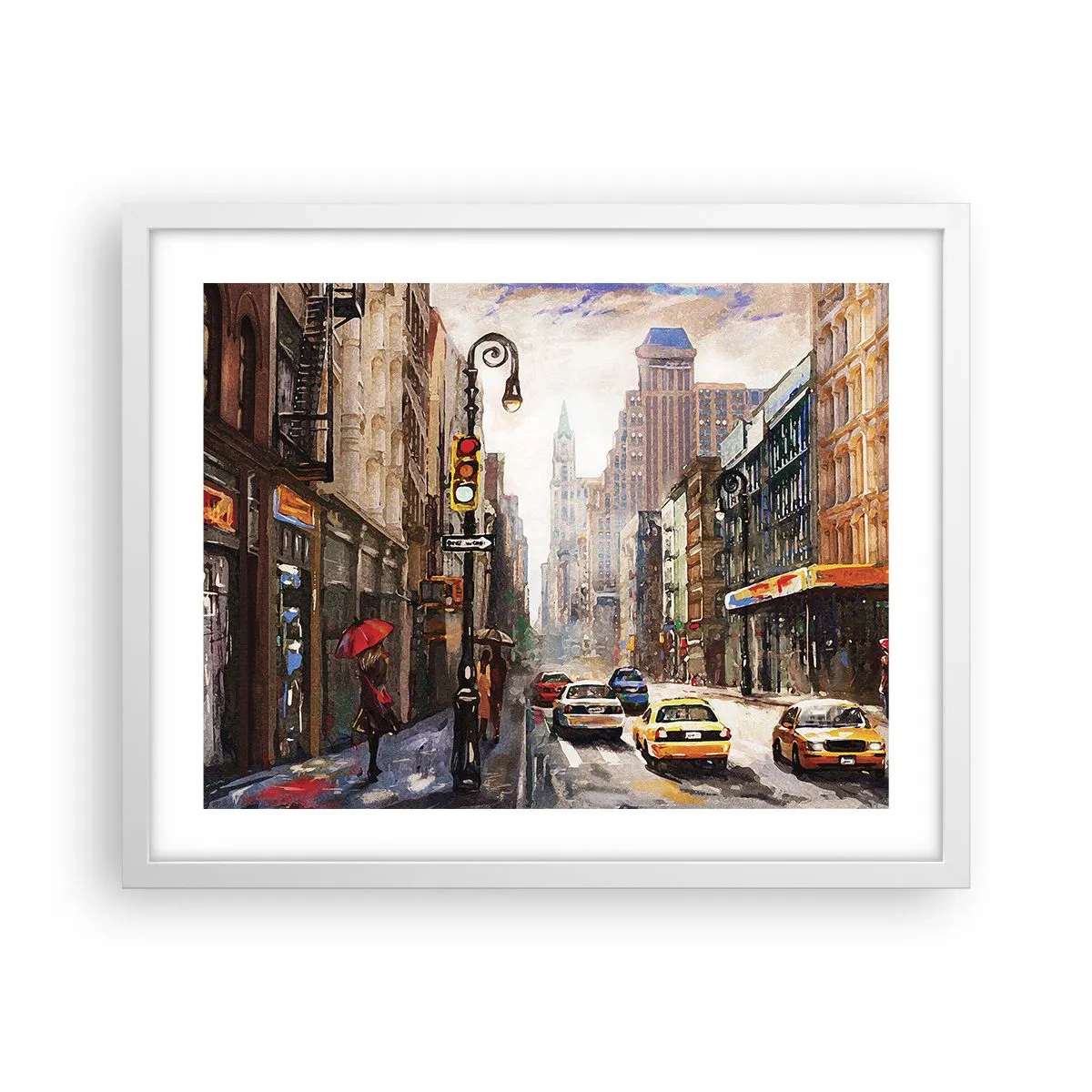 Póster en marco blanco - Nueva York - también colorida bajo la lluvia - 50x40 cm