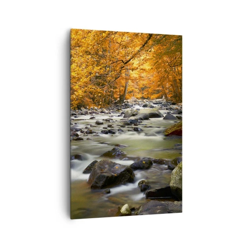 Cuadro sobre lienzo - Impresión de Imagen - Un arroyo en un bosque otoñal rodeado de hojas doradas. - 80x120cm - Un arroyo en un bosque dorado - Decoración de pared moderna para salón y dormitorio ARTTOR