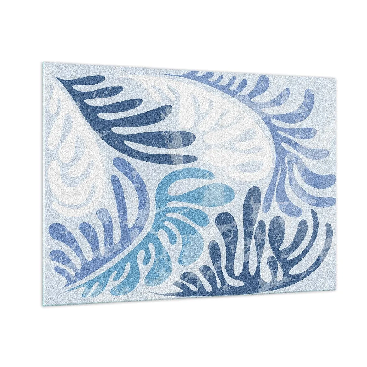 Cuadro sobre vidrio - Impresiones sobre Vidrio - Hojas de helecho decorativas en tonos azules sobre un fondo claro. - 100x70cm - Helechos azules - Decoración de pared moderna para salón y dormitorio ARTTOR
