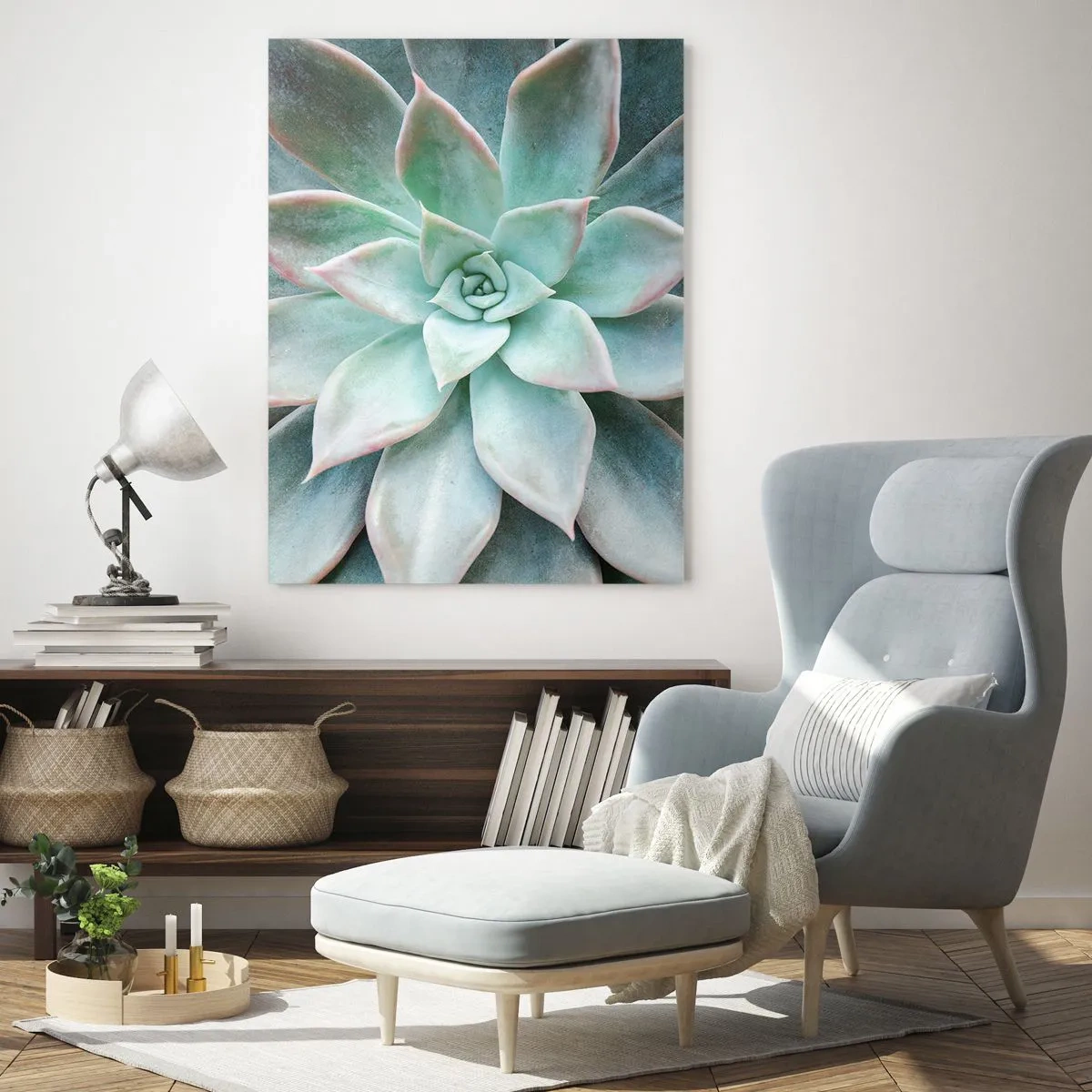 Cuadro sobre vidrio - Impresiones sobre Vidrio - Hojas suculentas secas con un delicado tono verde grisáceo. - 50x70cm - El corazón del desierto - Decoración de pared moderna para salón y dormitorio ARTTOR