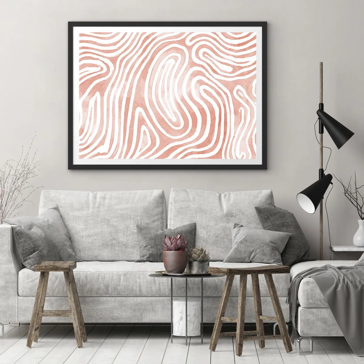 Póster en marco negro - Patrón abstracto en tonos rosa y blanco. - 70x50cm - En un laberinto de coral - Decoración de pared moderna para salón y dormitorio ARTTOR