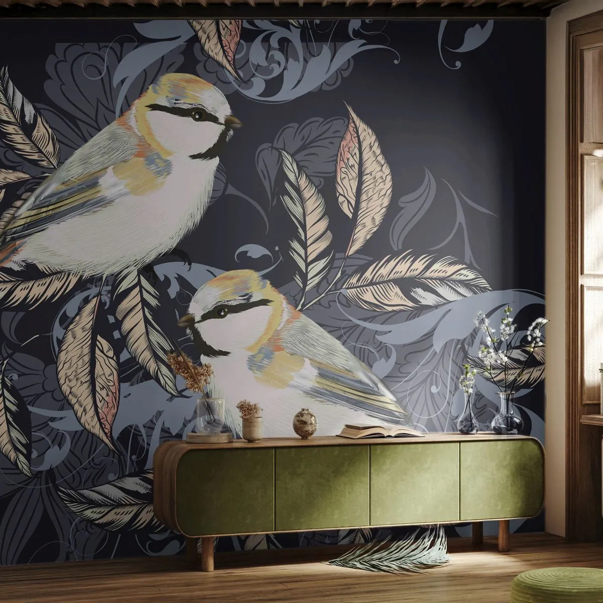 Fotomural Standard Eco - Ilustración de pájaros sobre un fondo oscuro con adornos. - 100x70cm - En la copa del árbol - Decoración de pared moderna para salón y dormitorio ARTTOR