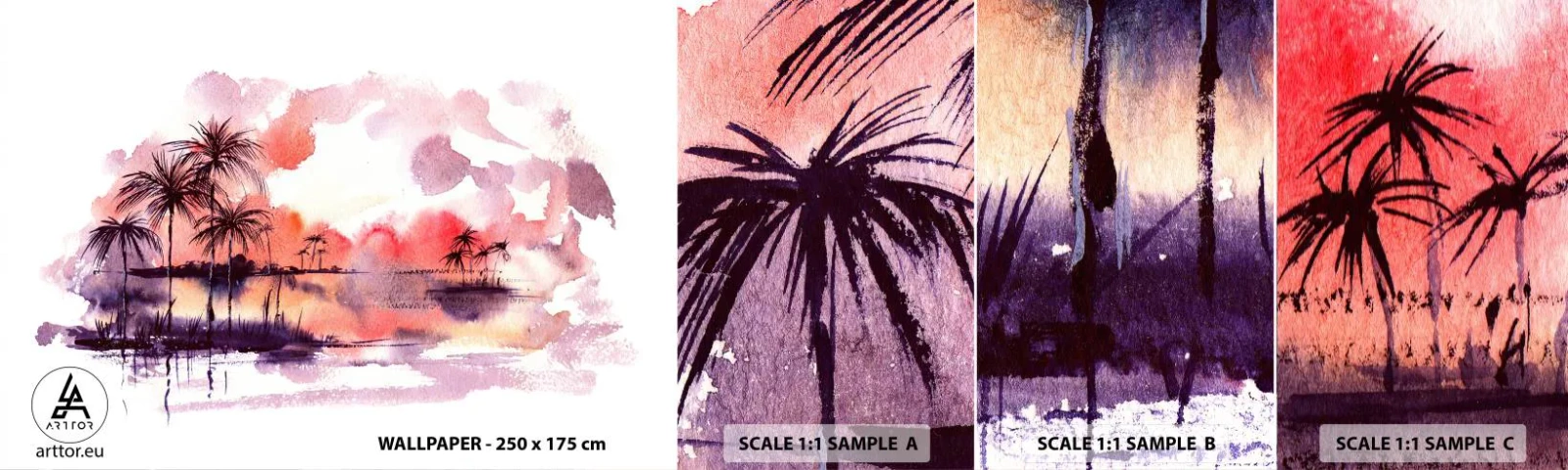 Muestra de fotomural autoadhesivo Deluxe Sticker - La calma de los trópicos en rojo - Paisaje, Palmera de cocos, Gráficos - 100x30 cm