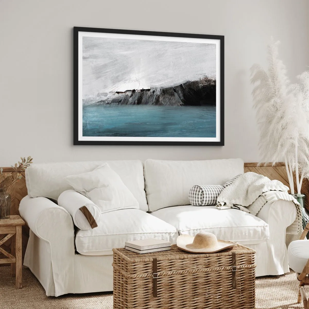 Póster en marco negro - Paisaje abstracto con agua y una orilla rocosa - 70x50cm - Agua - tierra: un choque de elementos - Decoración de pared moderna para salón y dormitorio ARTTOR