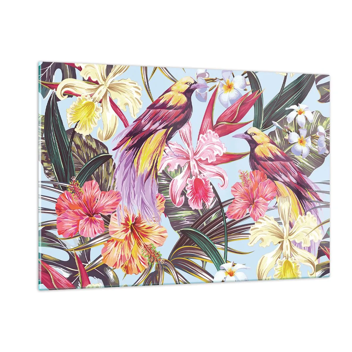 Cuadro sobre vidrio - Impresiones sobre Vidrio - Aves y flores exóticas sobre un fondo claro. - 120x80cm - Pétalos y plumas - Decoración de pared moderna para salón y dormitorio ARTTOR