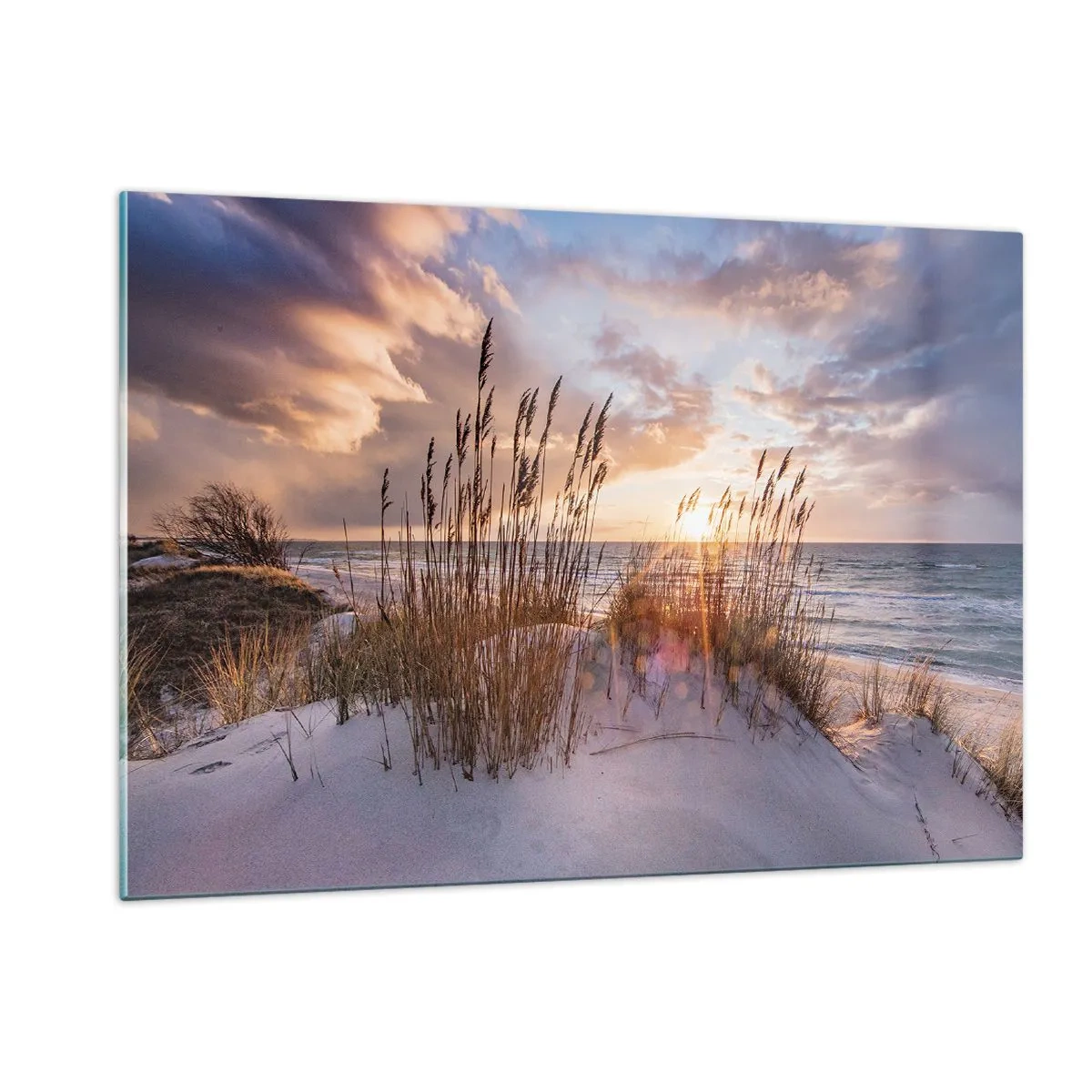 Cuadro sobre vidrio - Impresiones sobre Vidrio - Puesta de sol sobre el mar vista a través de los pastos costeros - 120x80cm - Adiós al sol y al viento - Decoración de pared moderna para salón y dormitorio ARTTOR