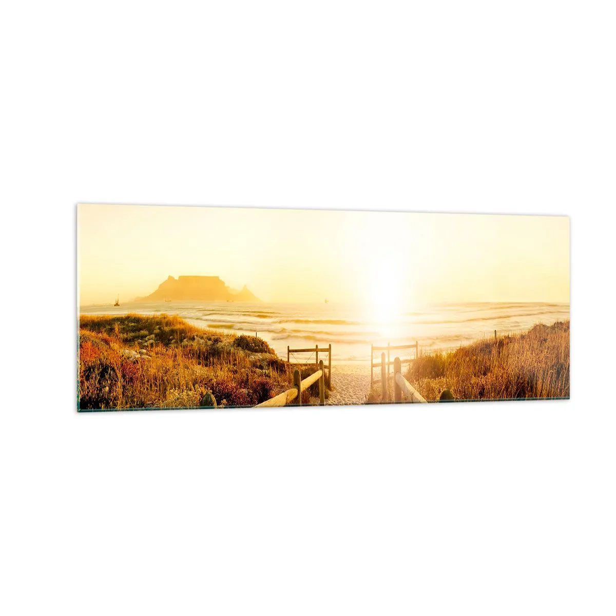 Cuadro sobre vidrio - Impresiones sobre Vidrio - Camino a la playa durante un atardecer dorado - 140x50cm - A través de la duna, hacia el sol - Decoración de pared moderna para salón y dormitorio ARTTOR