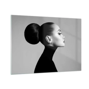 Cuadro sobre vidrio - Impresiones sobre Vidrio - Mujer elegante de negro sobre un fondo gris. - 70x50cm - Nefertiti contemporánea - Decoración de pared moderna para salón y dormitorio ARTTOR