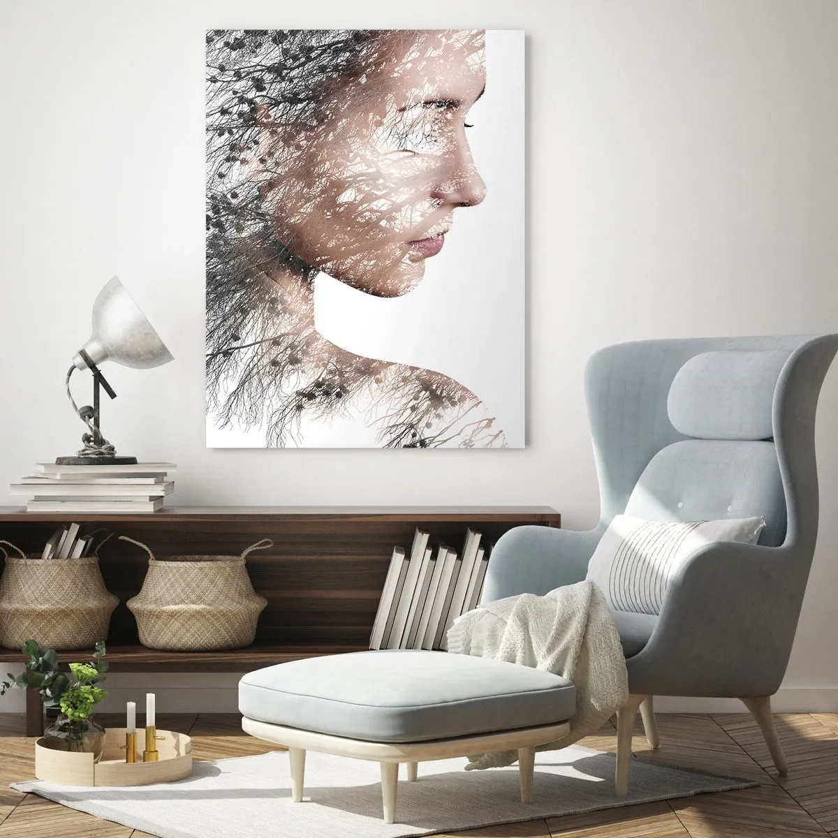 Cuadro sobre vidrio - Impresiones sobre Vidrio - Retrato de una mujer con ramas al fondo - 50x70cm - Espíritu del bosque - Decoración de pared moderna para salón y dormitorio ARTTOR