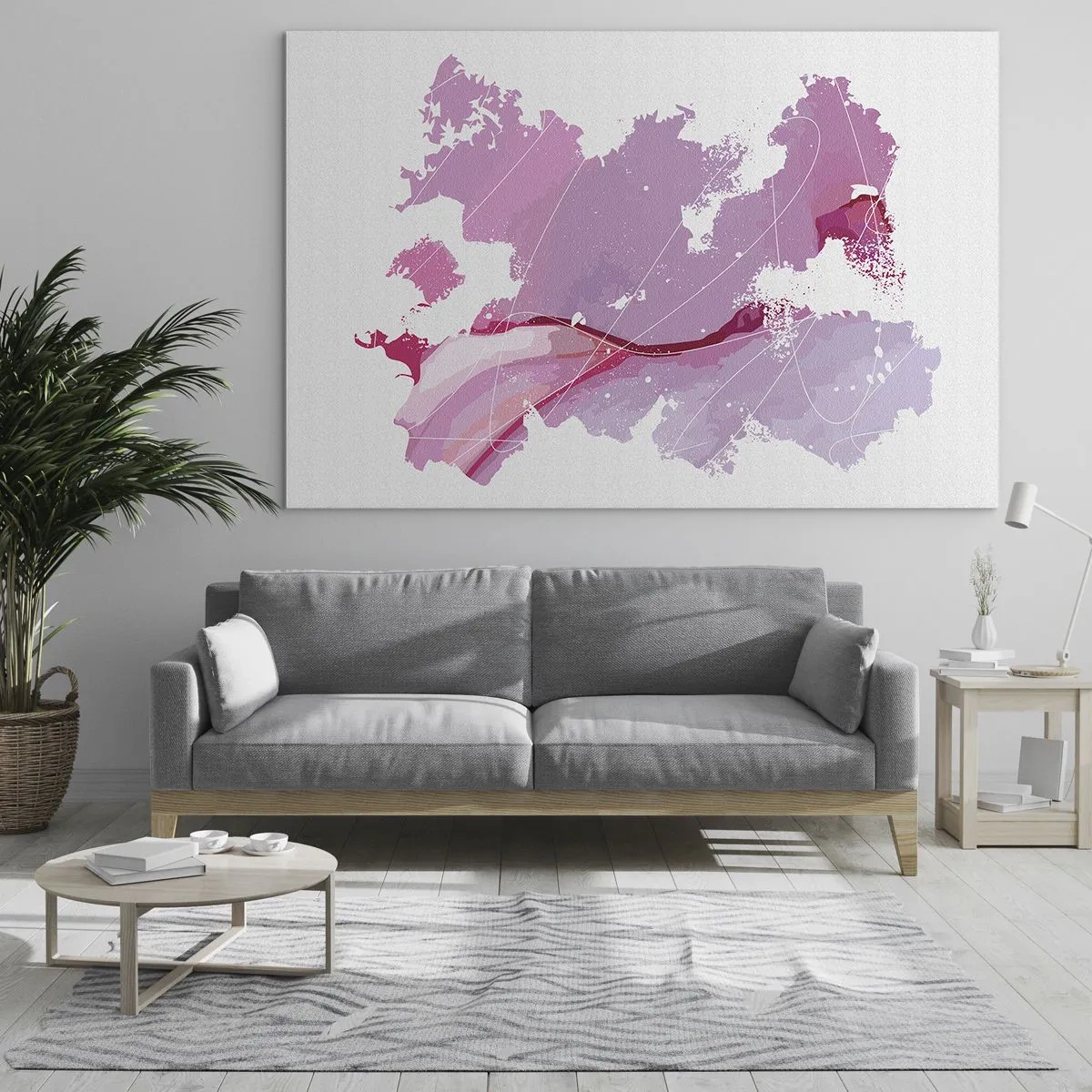Cuadro sobre vidrio - Impresiones sobre Vidrio - Mapa abstracto en tonos rosa y morado sobre fondo blanco. - 100x70cm - Mapa de un mundo rosa - Decoración de pared moderna para salón y dormitorio ARTTOR