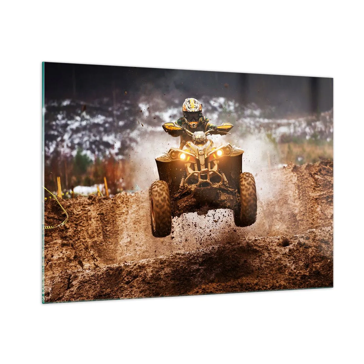 Cuadro sobre vidrio - Impresiones sobre Vidrio - Quad en acción sobre terreno fangoso en un entorno dinámico - 100x70cm - Sin riesgo no hay diversión - Decoración de pared moderna para salón y dormitorio ARTTOR