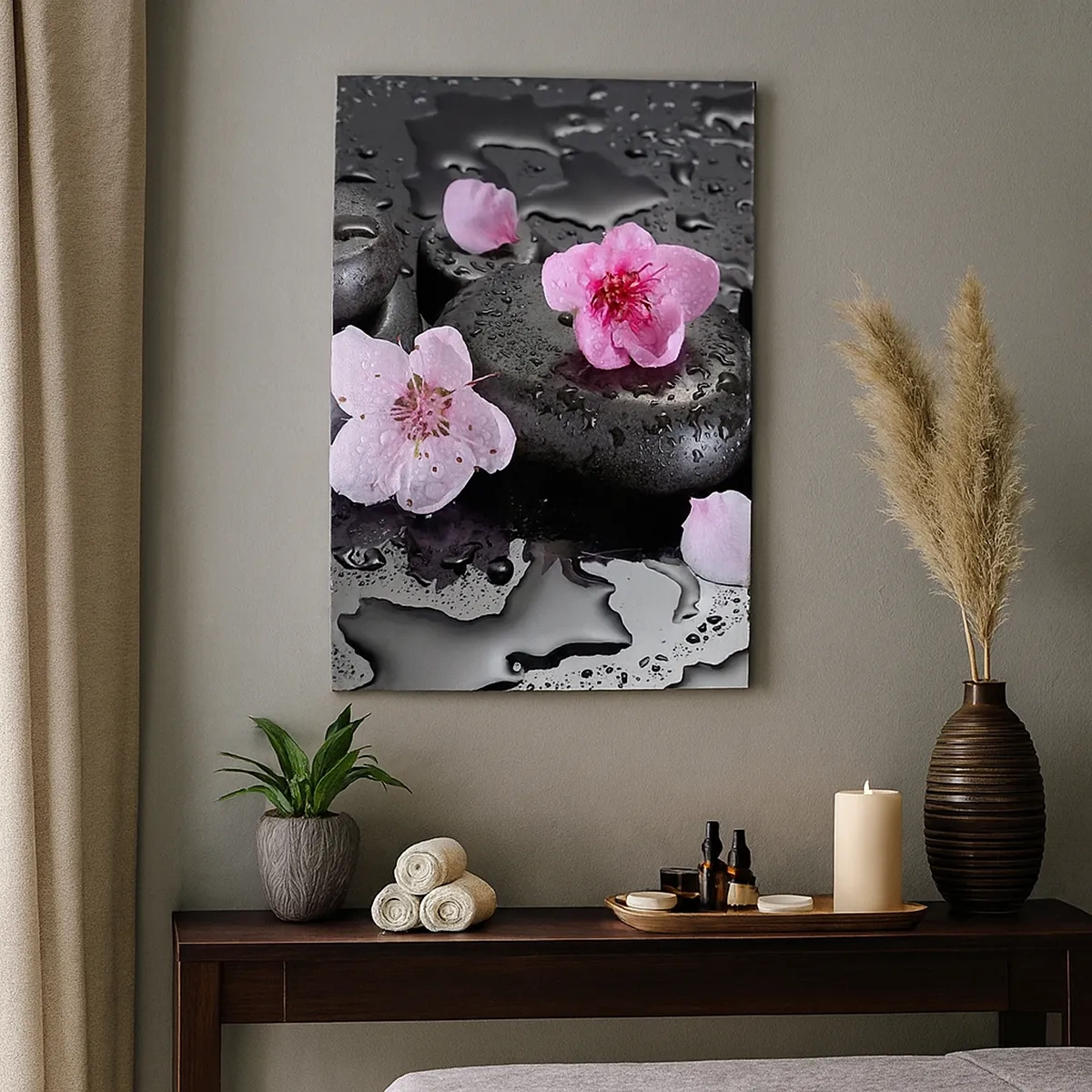 Cuadro sobre lienzo - Impresión de Imagen - Piedras negras y flores rosas estilo spa - 50x70cm - Y una piedra cae del corazón - Decoración de pared moderna para salón y dormitorio ARTTOR