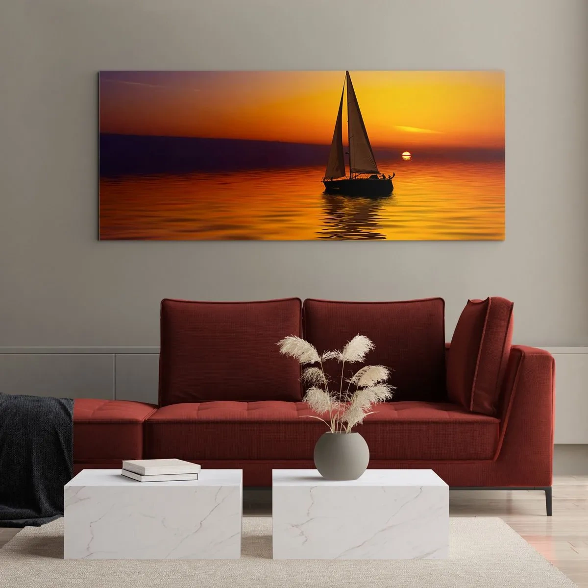 Cuadro sobre vidrio - Impresiones sobre Vidrio - Un velero en un mar tranquilo al atardecer. - 120x50cm - Qué tranquilo el anochecer… - Decoración de pared moderna para salón y dormitorio ARTTOR