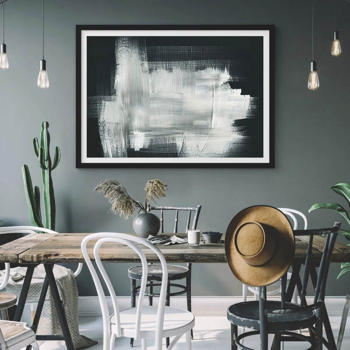 Póster en marco negro - Trazos abstractos blancos sobre un fondo oscuro - 100x70cm - Tejido vertical y horizontal - Decoración de pared moderna para salón y dormitorio ARTTOR