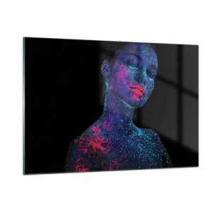 Cuadro sobre vidrio - Impresiones sobre Vidrio - Retrato de una mujer con pintura corporal fluorescente - 120x80cm - En polvo de estrellas - Decoración de pared moderna para salón y dormitorio ARTTOR