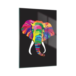 Cuadro sobre vidrio - Impresiones sobre Vidrio - Un elefante colorido sobre un fondo negro en un estilo artístico. - 50x70cm - El elefante al que le gustaba bañarse en el arco iris - Decoración de pared moderna para salón y dormitorio ARTTOR