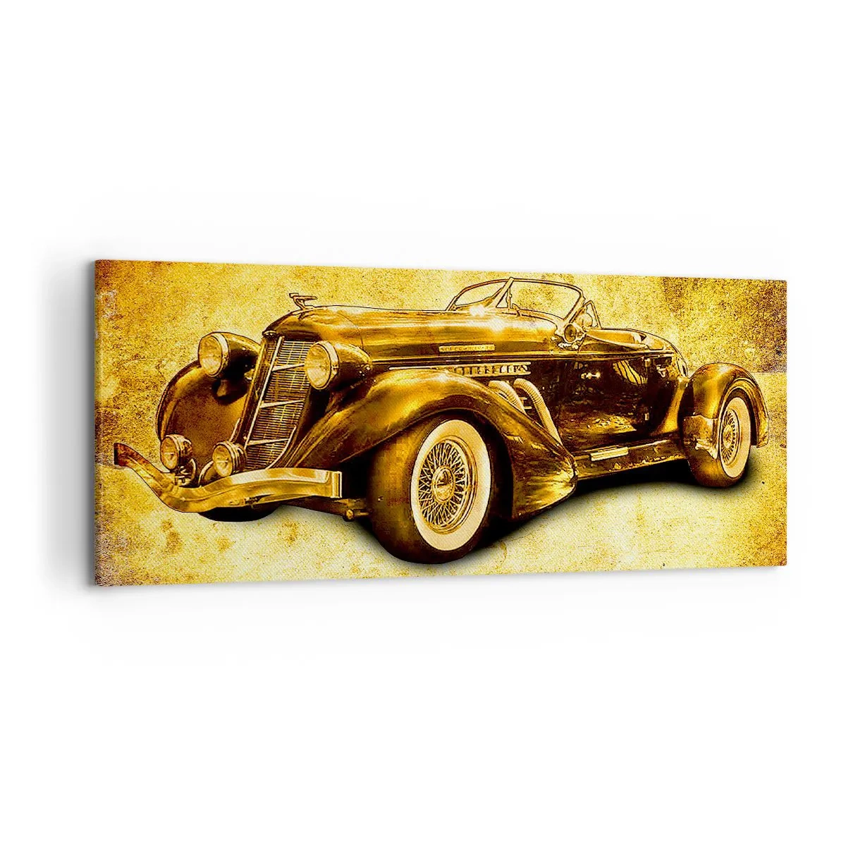 Cuadro sobre lienzo - Impresión de Imagen - Un clásico convertible retro dorado sobre un fondo vintage en colores cálidos. - 120x50cm - La élite de la élite - Decoración de pared moderna para salón y dormitorio ARTTOR