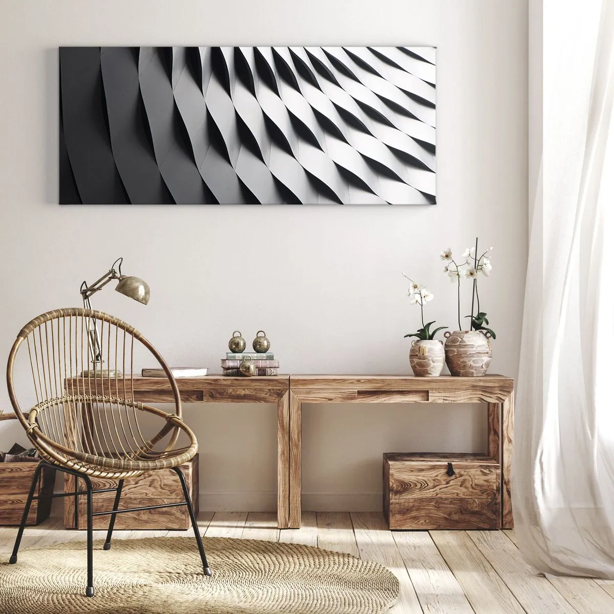 Cuadro sobre lienzo - Impresión de Imagen - Patrón geométrico abstracto en tonos blanco y negro. - 140x50cm - En la superficie de las ondas - Decoración de pared moderna para salón y dormitorio ARTTOR