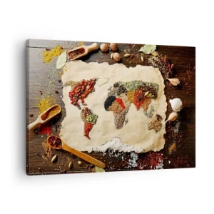Cuadro sobre lienzo - Impresión de Imagen - Un mapa del mundo hecho de especias sobre un fondo de madera. - 70x50cm - Todos los sabores del mundo - Decoración de pared moderna para salón y dormitorio ARTTOR