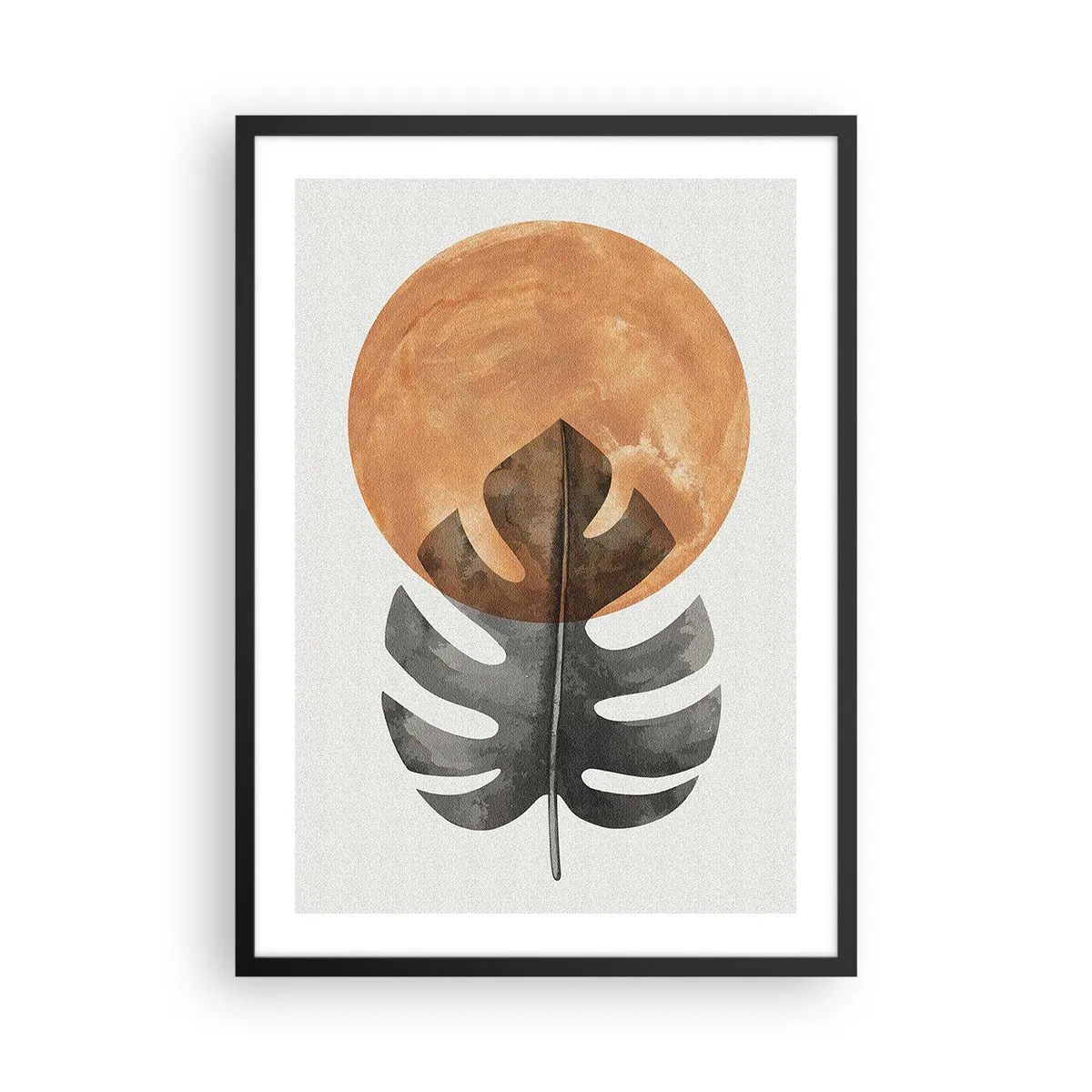 Póster en marco negro - Una hoja de monstera sobre un círculo naranja cálido. - 50x70cm - Siempre el sol - Decoración de pared moderna para salón y dormitorio ARTTOR