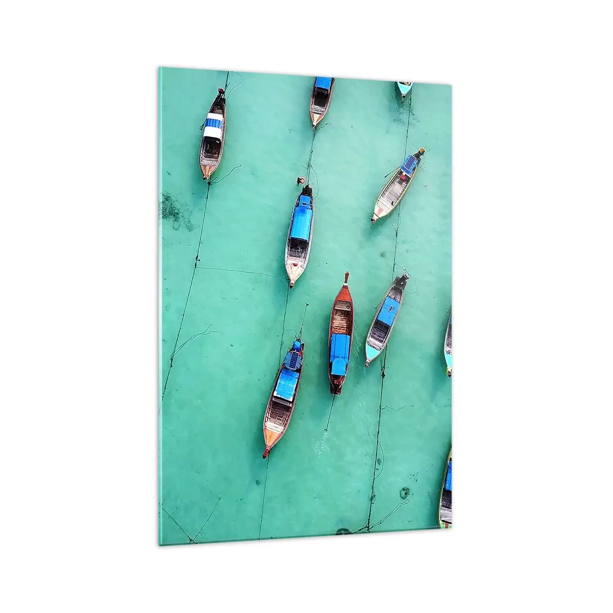 Cuadro sobre vidrio - Impresiones sobre Vidrio - Una vista aérea de barcos en aguas turquesas. - 70x100cm - En alegre espera - Decoración de pared moderna para salón y dormitorio ARTTOR