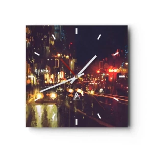 Reloj de pared - Reloj de vidrio - Escena nocturna de la ciudad con luces de colores y reflejos en la calle. - 30x30cm - Hundido en la luz de la noche - Decoración de pared moderna para salón y dormitorio ARTTOR