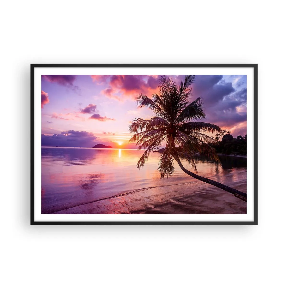 Póster en marco negro - Playa tropical con palmeras al atardecer - 100x70cm - Hermosura hasta el horizonte - Decoración de pared moderna para salón y dormitorio ARTTOR