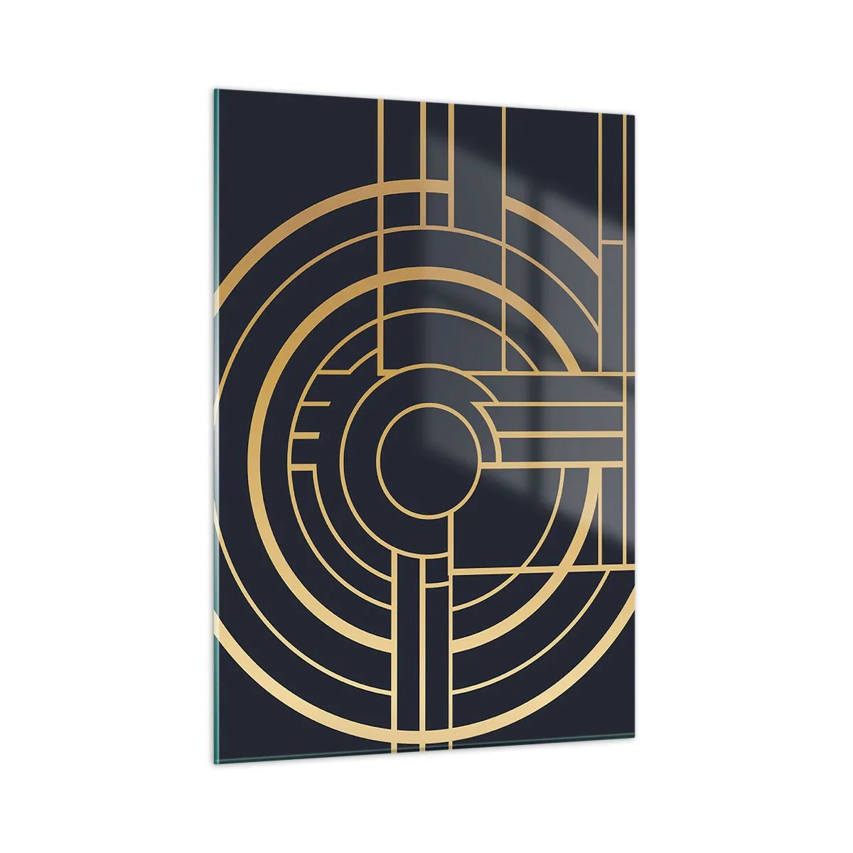 Cuadro sobre vidrio - Impresiones sobre Vidrio - Abstracción geométrica dorada y negra en estilo Art Déco - 50x70cm - Giro de los elementos - Decoración de pared moderna para salón y dormitorio ARTTOR