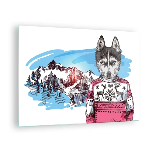 Cuadro sobre vidrio - Impresiones sobre Vidrio - Husky con un suéter con montañas al fondo - 70x50cm - Un lobo con piel de cordero - Decoración de pared moderna para salón y dormitorio ARTTOR