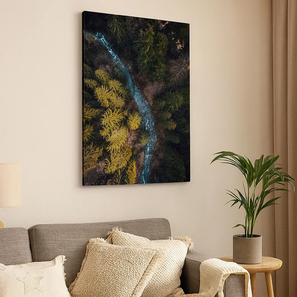 Cuadro sobre lienzo - Impresión de Imagen - Una vista desde arriba de un bosque con un río sinuoso. - 50x70cm - Rápido, cada vez más rápido - Decoración de pared moderna para salón y dormitorio ARTTOR