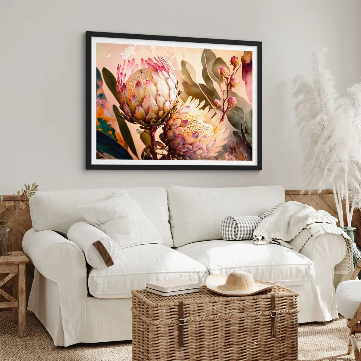 Póster en marco negro - Flores de protea coloridas sobre un fondo delicado. - 70x50cm - Abrazados con ternura - Decoración de pared moderna para salón y dormitorio ARTTOR