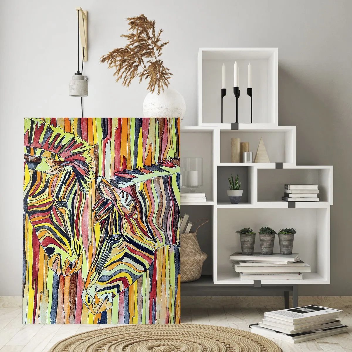 Cuadro sobre vidrio - Impresiones sobre Vidrio - Cebras coloridas sobre un fondo de rayas abstractas - 80x120cm - Y tú también... - Decoración de pared moderna para salón y dormitorio ARTTOR