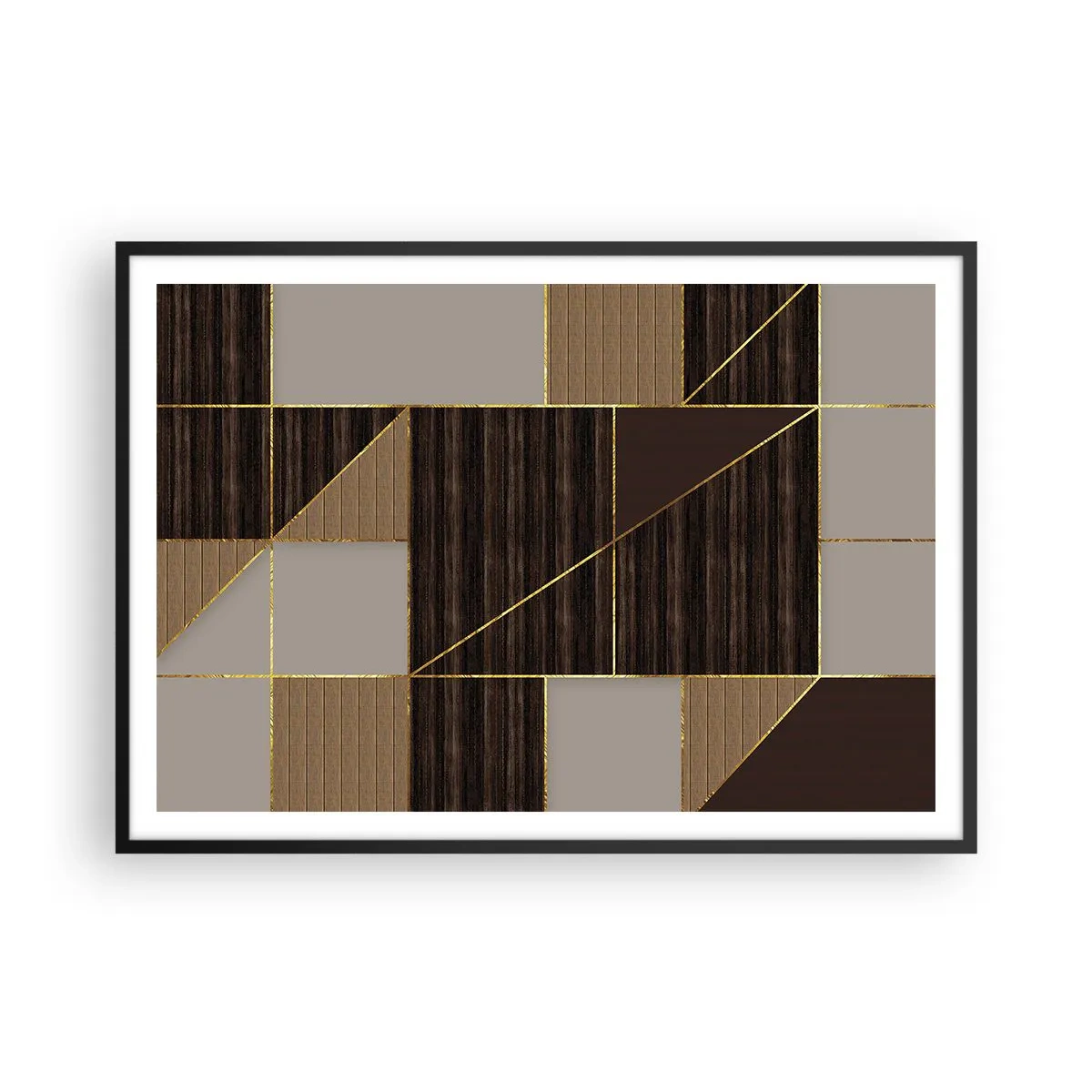 Póster en marco negro - Patrones geométricos en tonos marrones con líneas doradas. - 100x70cm - Un mosaico de marrones y dorados - Decoración de pared moderna para salón y dormitorio ARTTOR