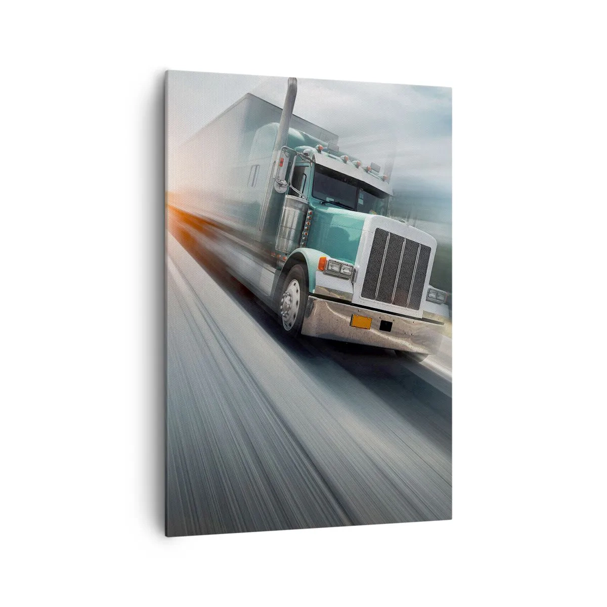 Cuadro sobre lienzo - Impresión de Imagen - Un camión en la carretera en movimiento al atardecer. - 70x100cm - Un gigante norteamericano en apuros - Decoración de pared moderna para salón y dormitorio ARTTOR