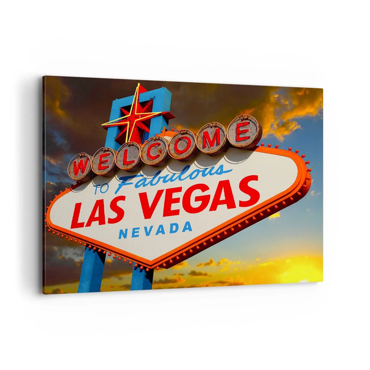 Cuadro sobre lienzo - Impresión de Imagen - El famoso cartel de Bienvenido a la fabulosa Las Vegas al atardecer - 100x70cm - Por la sonrisa del destino - Decoración de pared moderna para salón y dormitorio ARTTOR