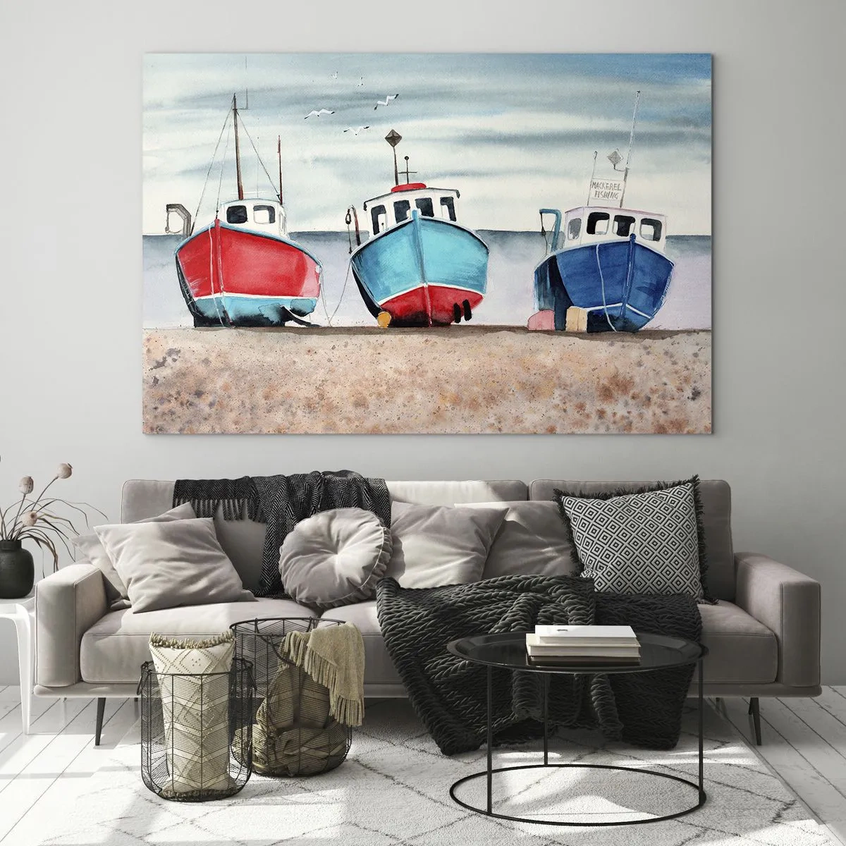 Cuadro sobre vidrio - Impresiones sobre Vidrio - Tres coloridos barcos de pesca en la orilla del mar - 100x70cm - Listos para la pesca - Decoración de pared moderna para salón y dormitorio ARTTOR