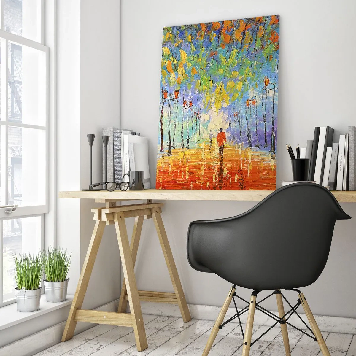 Cuadro sobre vidrio - Impresiones sobre Vidrio - Un pintoresco paseo entre los faroles en una noche lluviosa. - 80x120cm - La canción nocturna de la lluvia - Decoración de pared moderna para salón y dormitorio ARTTOR