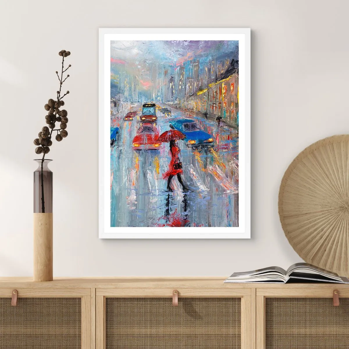 Póster en marco blanco - Una tarde de lluvia en la ciudad - 40x50 cm