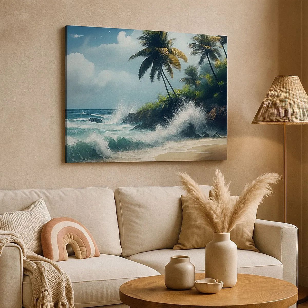 Cuadro sobre lienzo - Impresión de Imagen - Costa tropical con palmeras y mar agitado. - 70x50cm - En una costa tropical - Decoración de pared moderna para salón y dormitorio ARTTOR